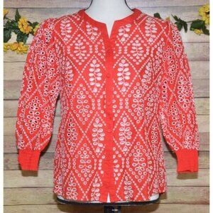 Cabi Ladies S Red Lyric Eyelet Button Front Blouse Top Size S Puff Sleeves